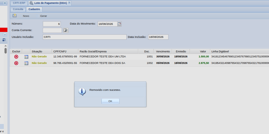Item removido com sucesso da grade