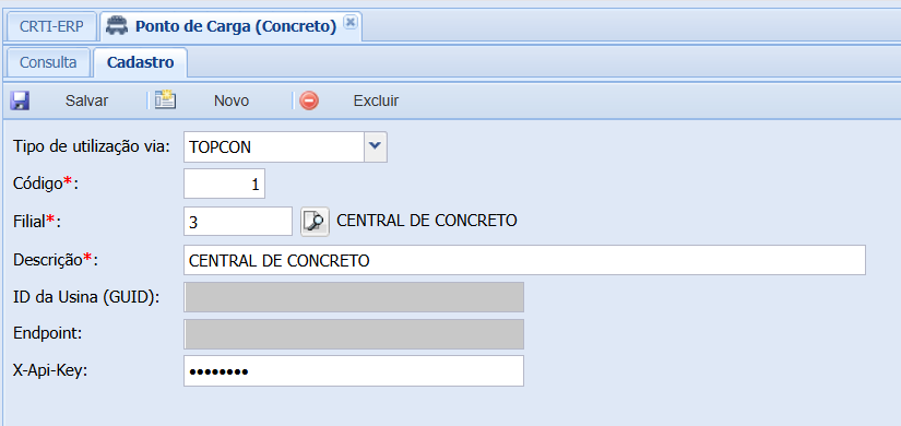 Tela de cadastro do Ponto de Carga com Código de Integração